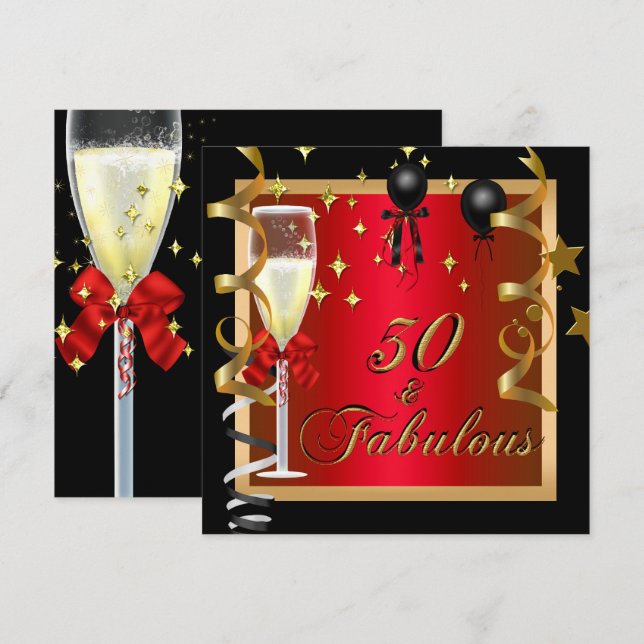 50 Fabulous Red Gold Black Birthday Party Invitation (Front/Back)
