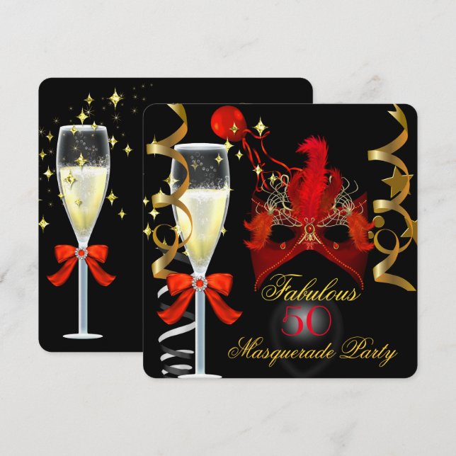 50 & Fabulous Red Gold Black Masquerade Party Invitation (Front/Back)