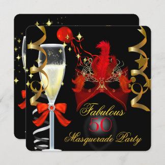 50 & Fabulous Red Gold Black Masquerade Party Invitation