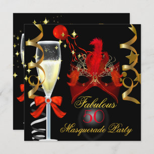 50 & Fabulous Red Gold Black Masquerade Party Invitation