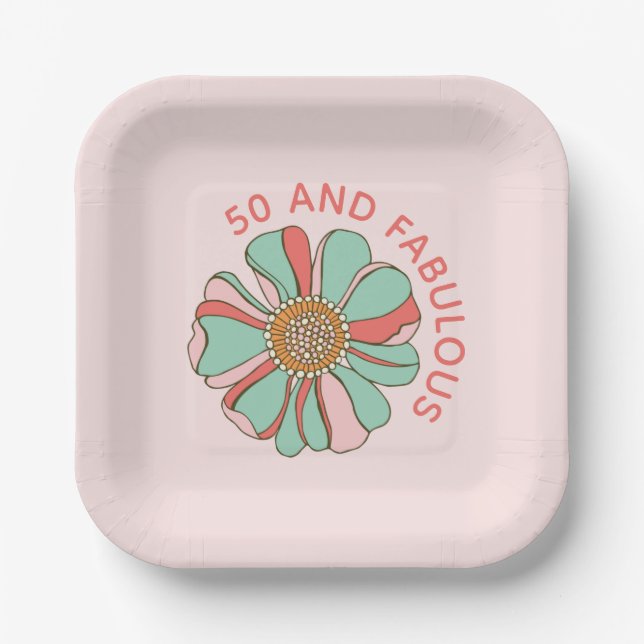 50 & Fabulous Retro Pink Floral Paper Plates (Front)