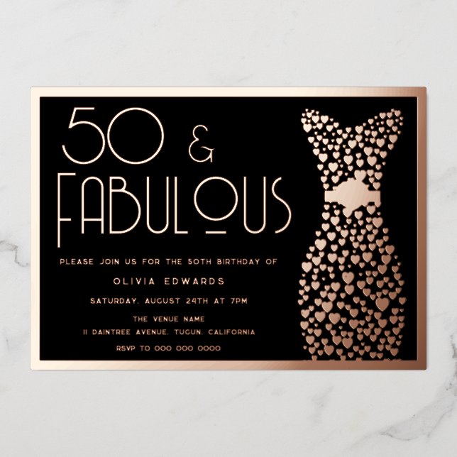 50 & Fabulous! Rose Gold & Black 50th Birthday  Foil Invitation (Front)