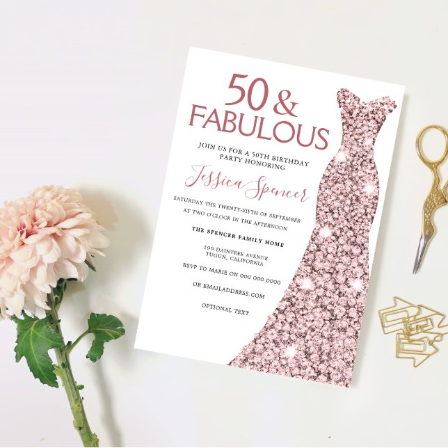 50 & Fabulous Rose Gold Dress 50th Birthday Party Invitation