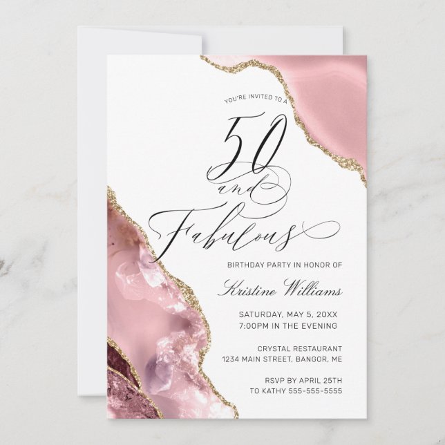 50 Fabulous Rose Gold Glitter Agate Birthday Party Invitation (Front)