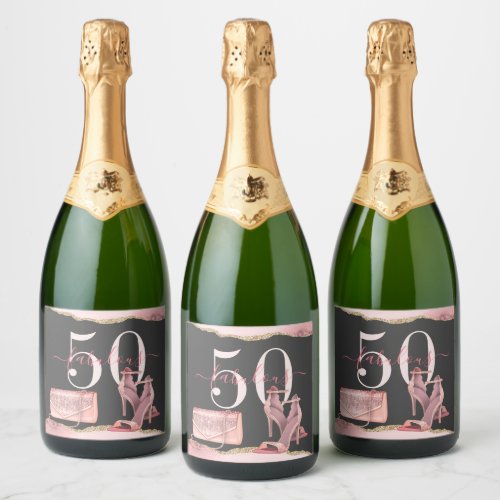 50 Fabulous Rose Gold Glitter Agate Sparkling Wine Label