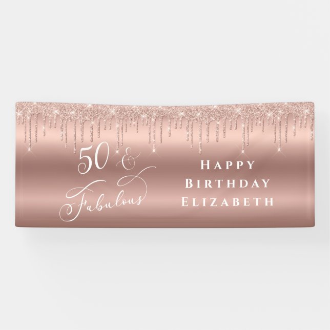 50 Fabulous Rose Gold Glitter Birthday Party Banner (Horizontal)