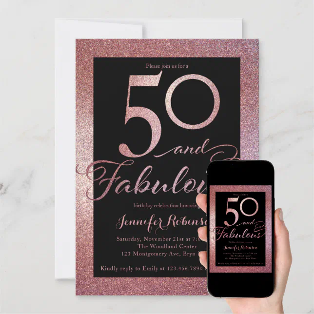 50 Fabulous Rose Gold Glitter Birthday Party Invit Invitation Zazzle