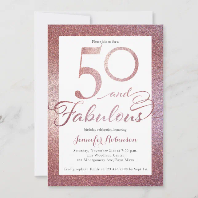 50 Fabulous Rose Gold Glitter Birthday Party Invitation | Zazzle