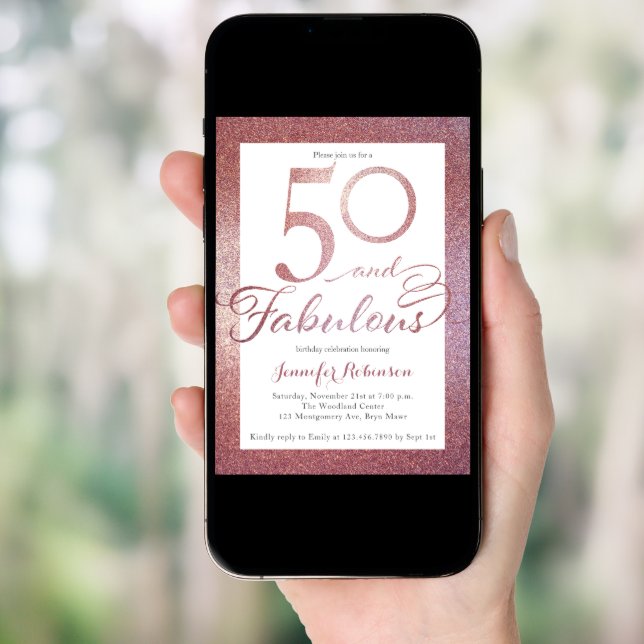 50 Fabulous Rose Gold Glitter Birthday Party Invitation (Front Digital)