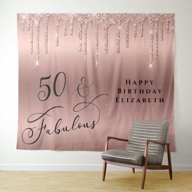 50 Fabulous Rose Gold Glitter Birthday Party Tapestry (In Situ (Horizontal))