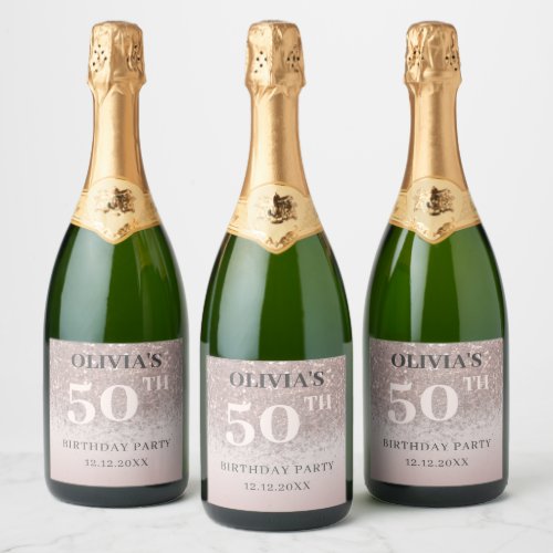 50  Fabulous Rose Gold Glitter Birthday  Sparkling Wine Label