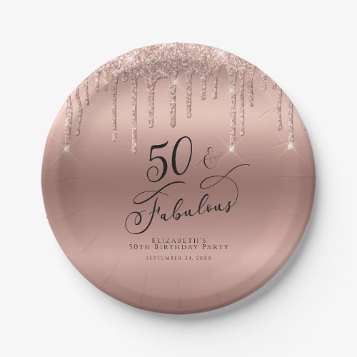 50 Fabulous Rose Gold Glitter Personalized Paper Plates