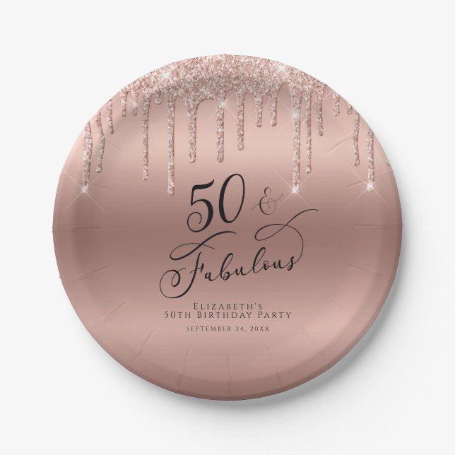 50 Fabulous Rose Gold Glitter Personalized Paper Plates (Front)