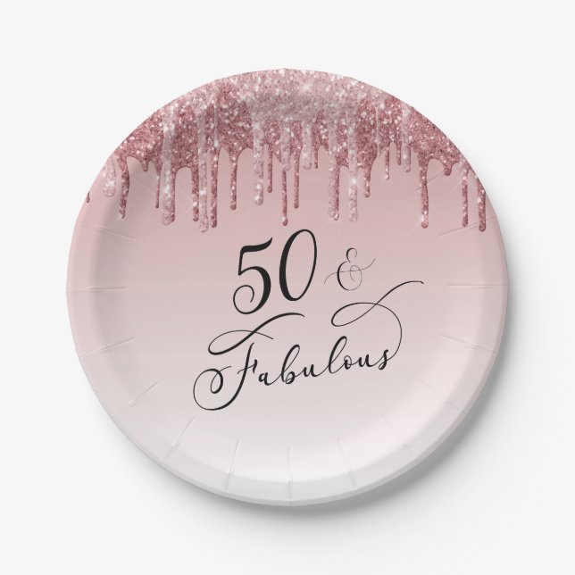 50 Fabulous Rose Gold Glitter Pink Birthday Party Paper Plates (Front)