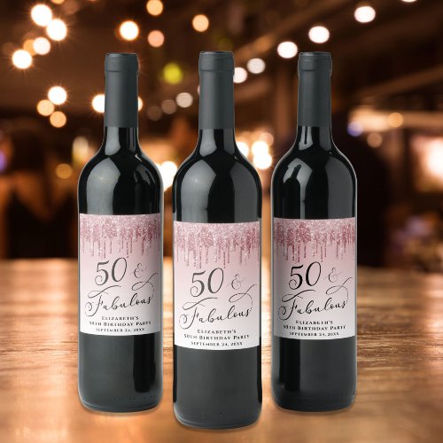 50 Fabulous Rose Gold Glitter Pink Birthday Party Wine Label