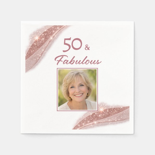 50 & Fabulous Rose Gold Photo Birthday Party Napkins (Front)