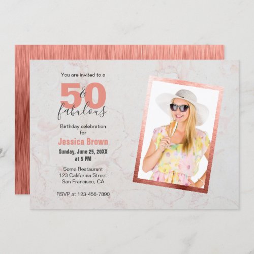 50  Fabulous Rose Gold Pink Marble 50th Birthday Invitation