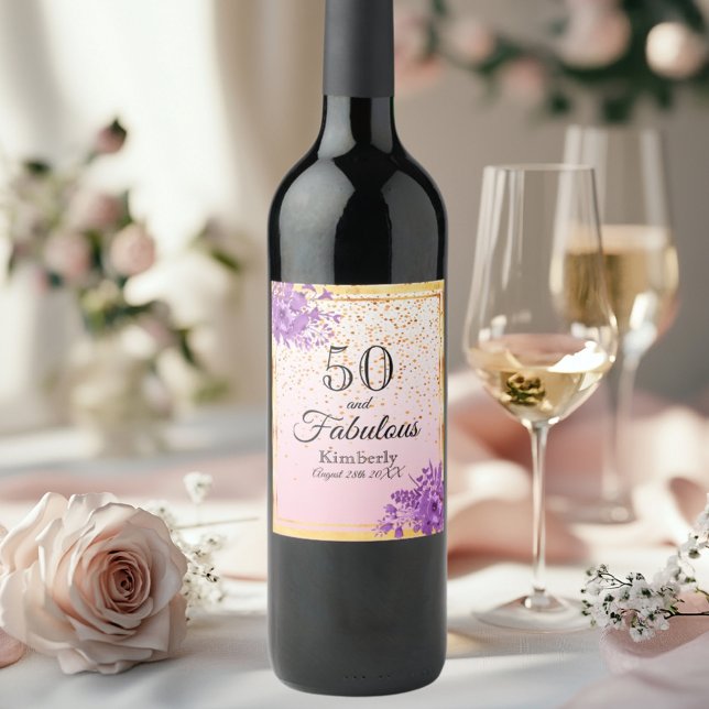 50 fabulous rose gold violet florals wine label (Creator Uploaded)