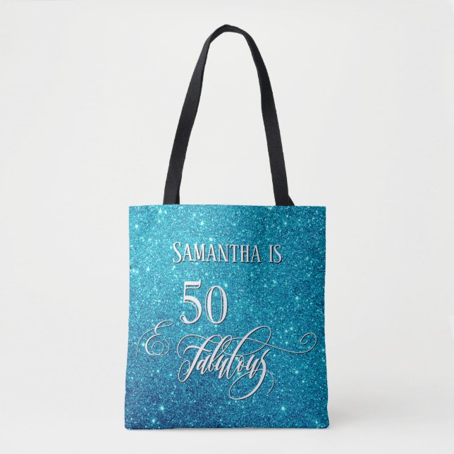 50 & Fabulous Script Sparkling Teal Glitter Tote Bag (Front)