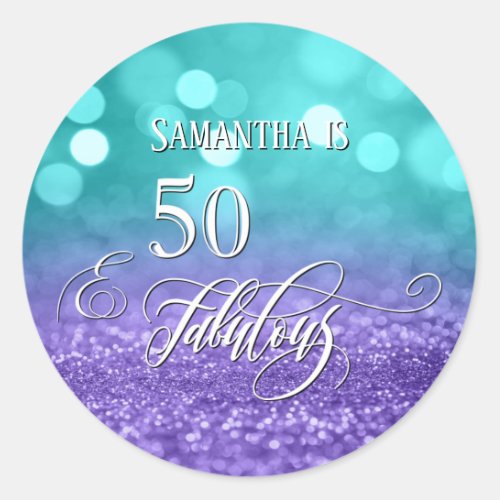 50  Fabulous Script Sparkling Teal Purple Ombre Classic Round Sticker