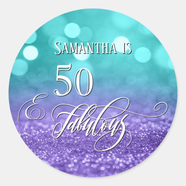 50 & Fabulous Script Sparkling Teal Purple Ombre Classic Round Sticker (Front)