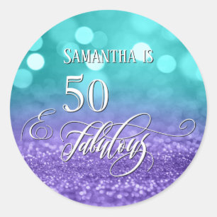 50 & Fabulous Script Sparkling Teal Purple Ombre Classic Round Sticker