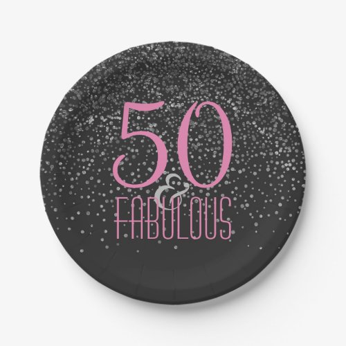 50  Fabulous Silver Confetti  Pink 50th Birthday Paper Plates