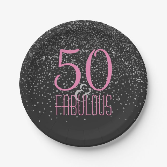 50 & Fabulous Silver Confetti | Pink 50th Birthday Paper Plates (Front)