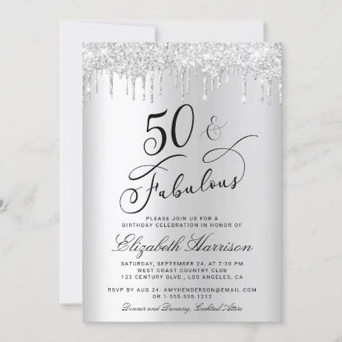 50 Fabulous Silver Glitter Birthday Party Invitation