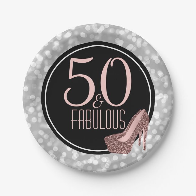 50 & Fabulous | Silver Pink 50th Birthday Party Paper Plates (Front)