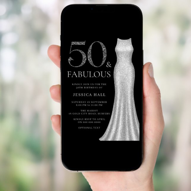50 & Fabulous Silver Sparkle Dress 50th Birthday Invitation (Front Digital)