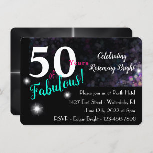 50 fabulous, simple bold pink teal white, w/ stars invitation