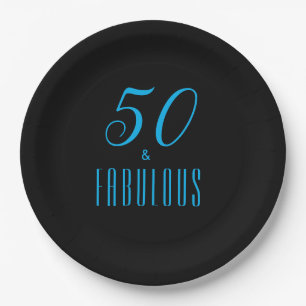 50 & Fabulous Sky Blue Black Paper Plates