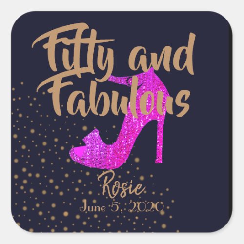 50  Fabulous Sparkly Hot Pink Shoe Girly GoldText Square Sticker