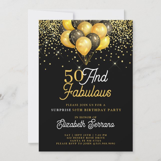  50 Fabulous Surprise Birthday Gold Black Glitter  Invitation (Front)