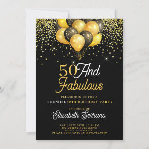 50 Fabulous Surprise Birthday Gold Black Glitter Invitation