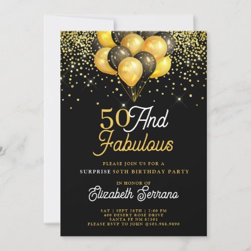  50 Fabulous Surprise Birthday Gold Black Glitter  Invitation