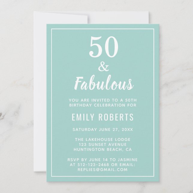 50 & Fabulous Teal Blue 50th Birthday Invitation (Front)