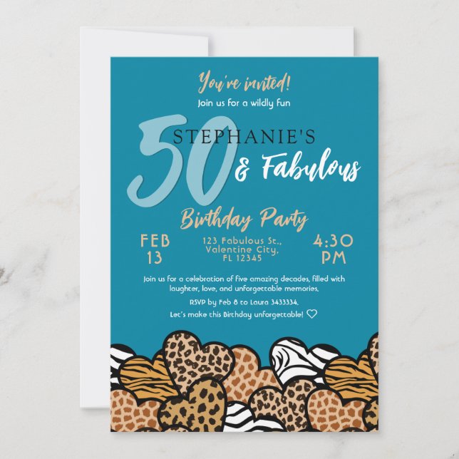 50 & Fabulous Teal Wild Hearts Fifty Birthday Invitation (Front)
