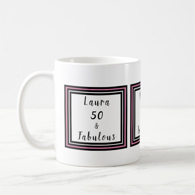 50 & Fabulous Typography Customize Pink Black Coffee Mug (Left)