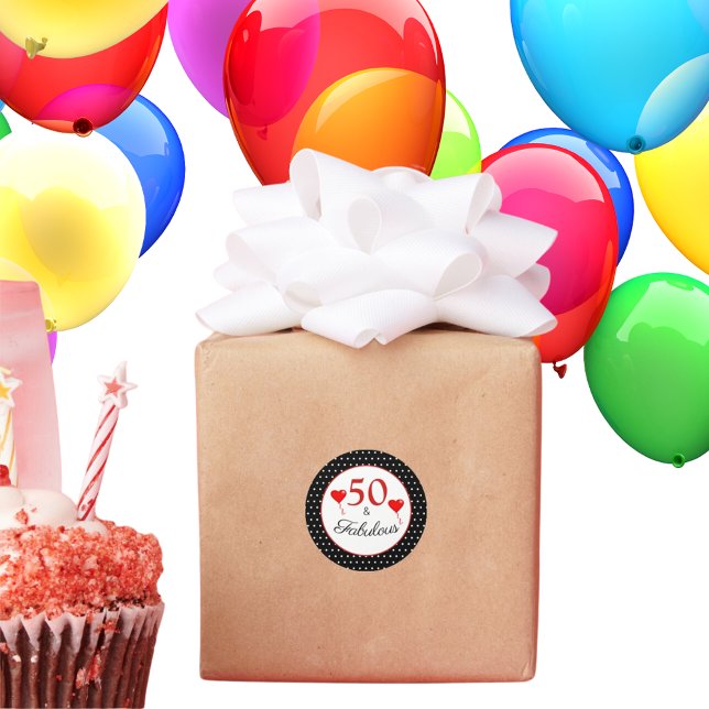 50 & Fabulous Typography Red 50th Birthday BLK WH Classic Round Sticker (Creator Uploaded)