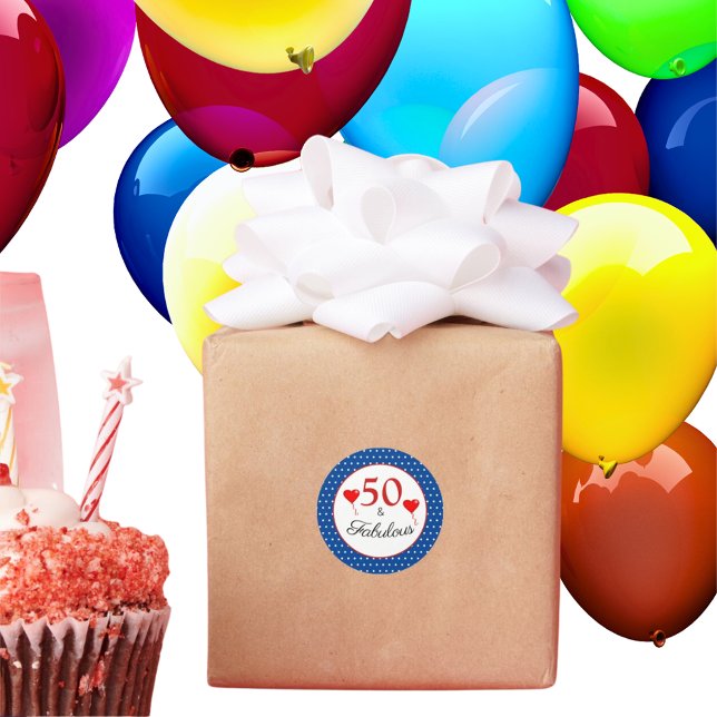 50 & Fabulous Typography Red 50th Birthday Blue WH Classic Round Sticker (Creator Uploaded)