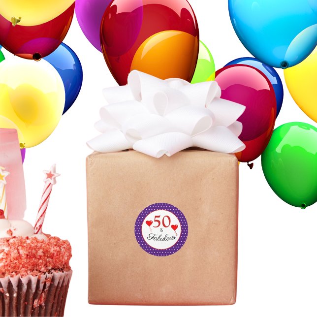 50 & Fabulous Typography Red 50th Birthday Purple Classic Round Sticker (Creator Uploaded)