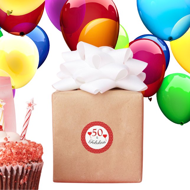 50 & Fabulous Typography Red 50th Birthday Red WH Classic Round Sticker (Creator Uploaded)