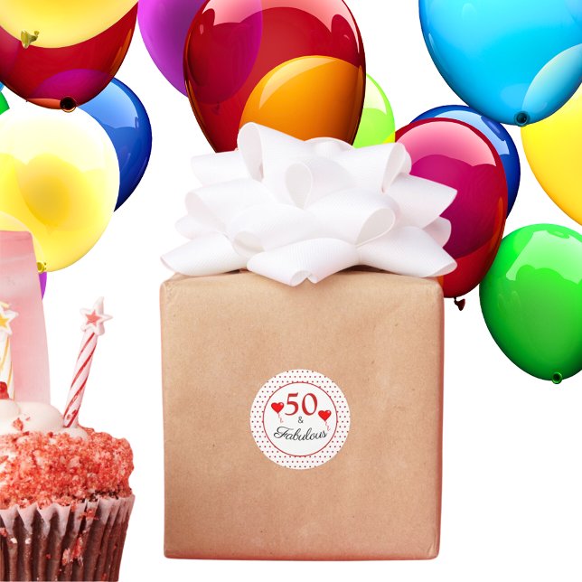 50 & Fabulous Typography Red 50th Birthday WH Red Classic Round Sticker (Creator Uploaded)