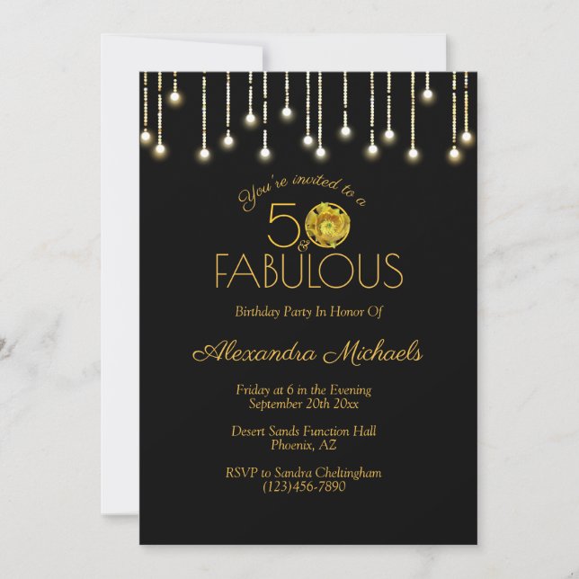 50 & Fabulous White Lights On Black Yellow Cactus Invitation (Front)