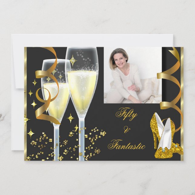50 & Fantastic Elegant Champagne Shoes Gold Photo Invitation (Front)