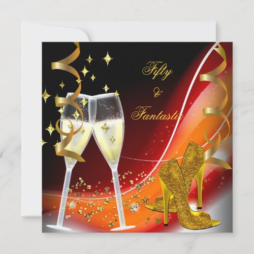50 &amp; Fantastic Fabulous Gold Red Orange Personalized Invite