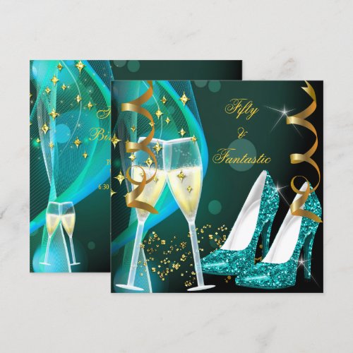 50 &amp; Fantastic Fabulous Gold Teal Glitter Shoes Invites
