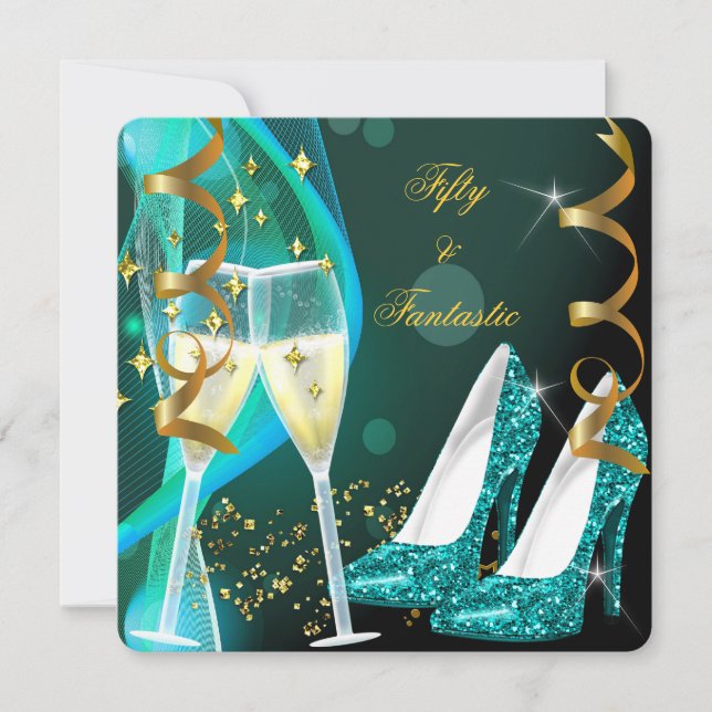 50 & Fantastic Fabulous Gold Teal High Heels Invitation (Front)